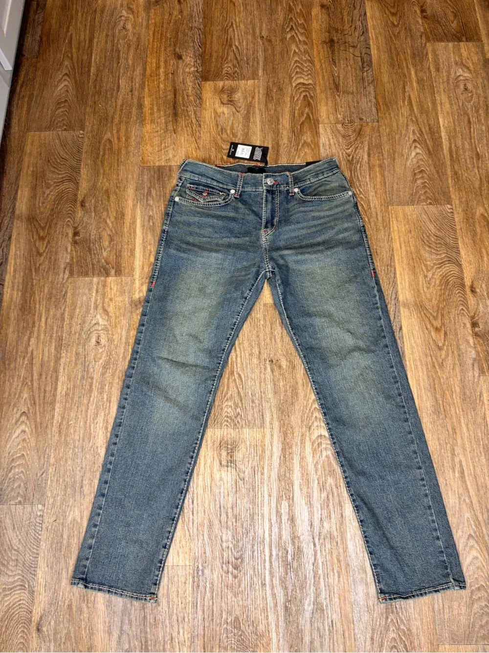 True Religion Geno Big T Flap Slim Jeans Men's 32X32 Medium Wash Red Stitch NWT